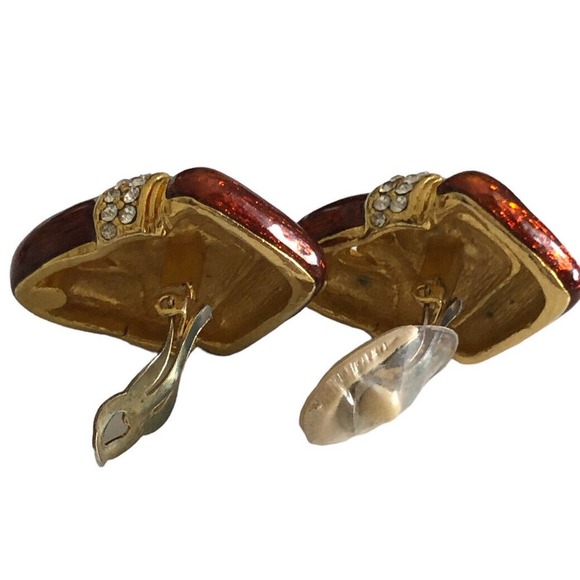 Vintage Clip Earrings Bronze Gold Enamel Rhinestone Crystal Chunky 1980s - Picture 5 of 8